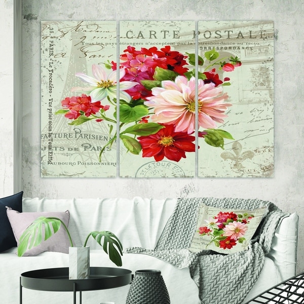 Designart 'Red Painted Flowers on Vintage Postcard II' Farmhouse Gallery-wrapped Canvas