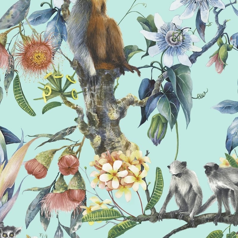 Lemur Lemur Wallpaper Novelty in Green Blue Turquoise Aqua Tidewater - Green