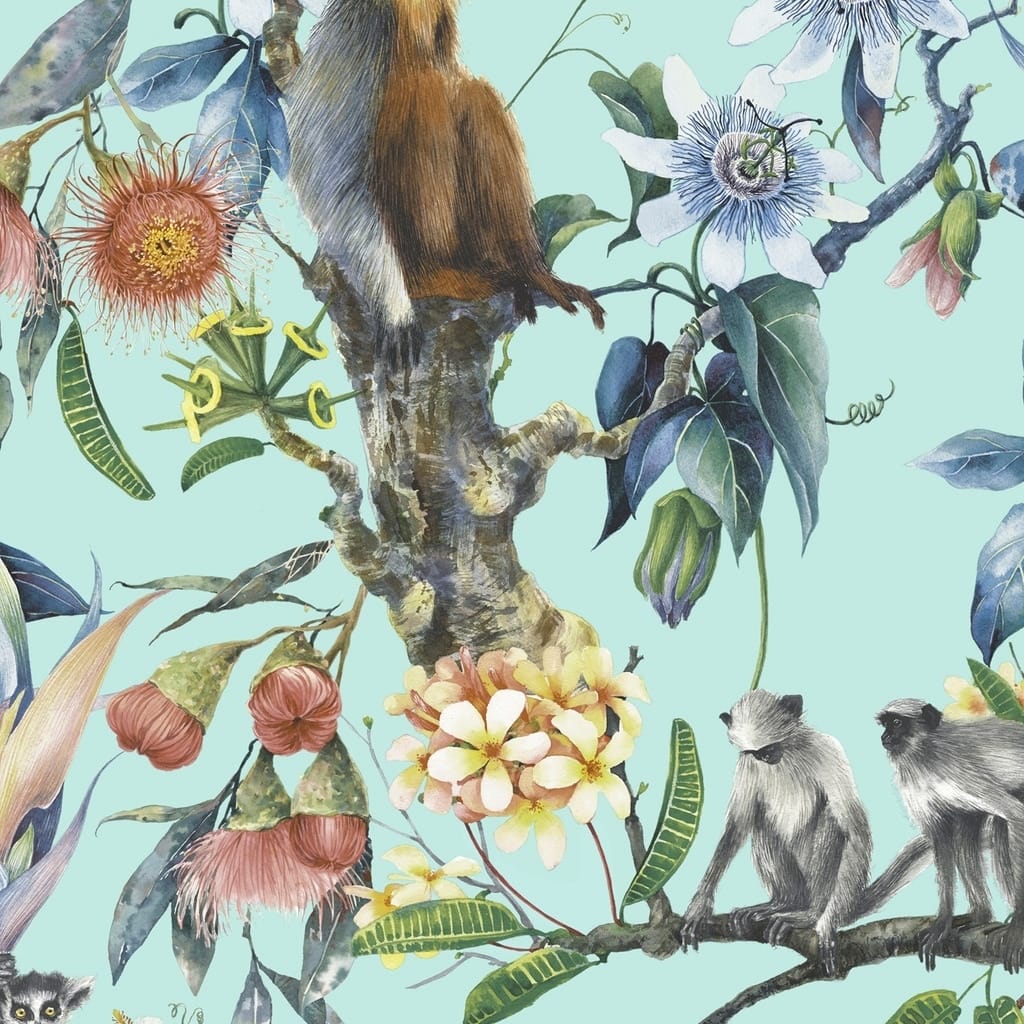Lemur Lemur Wallpaper Novelty in Green Blue Turquoise Aqua Tidewater