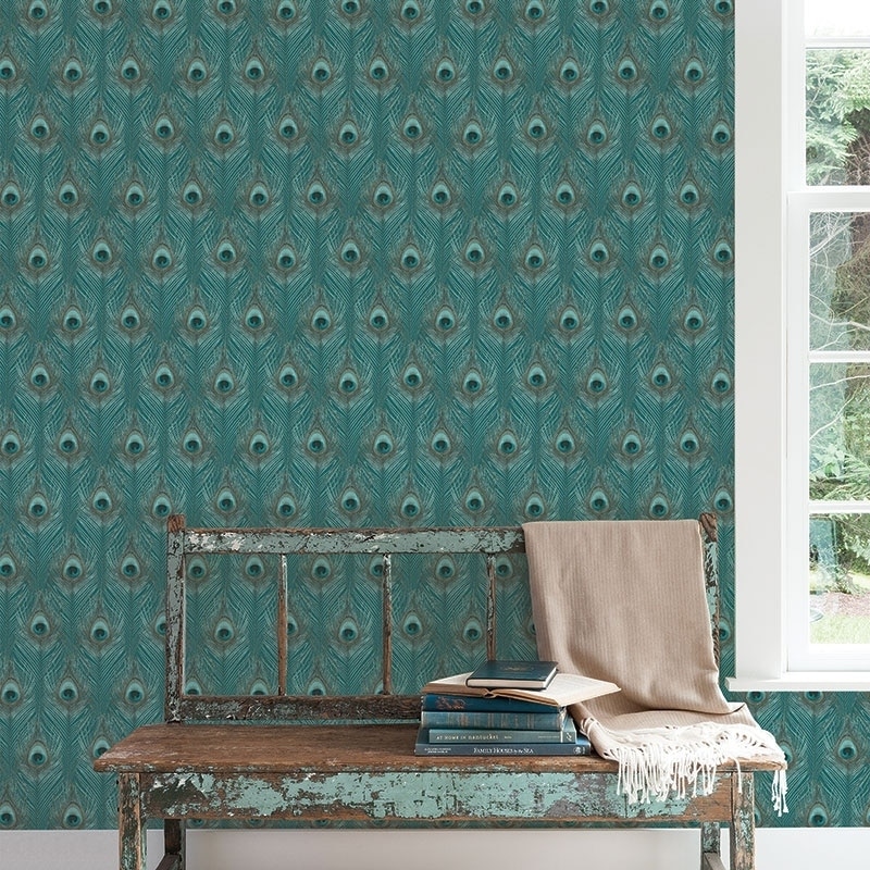 Peacock Wallpaper, Peacock Feathers in Blue, Blue Green, Aqua, Turquoise,  Tropics Blue - Bed Bath & Beyond - 28458750