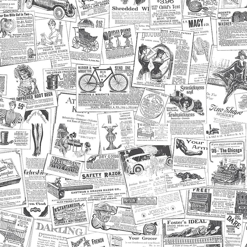 Newspaper Newspaper Wallpaper Novelty in Black White - Black