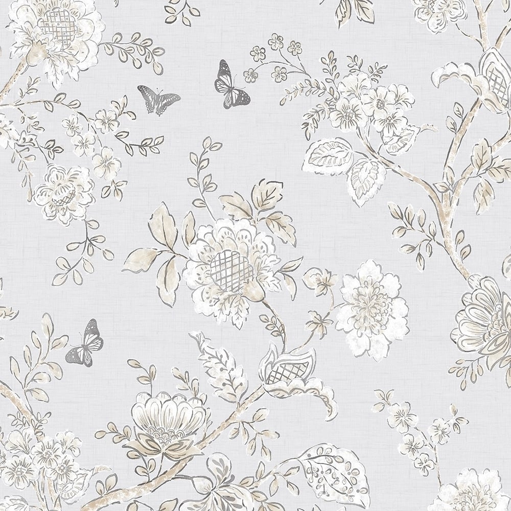 Butterfly Toile Butterfly Toile Wallpaper Floral in Grey Beige Dove