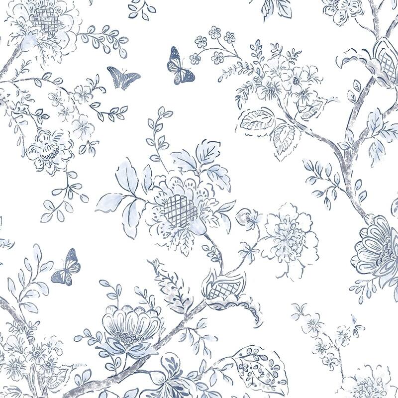 Butterfly Toile Butterfly Toile Wallpaper Floral in Light Blue Blue Navy