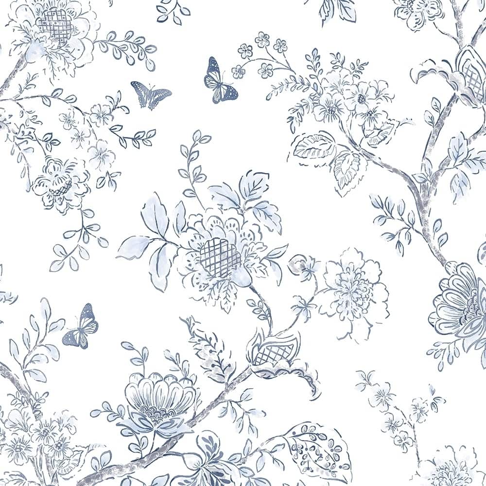 Butterfly Toile Butterfly Toile Wallpaper Floral in Light Blue Blue Navy