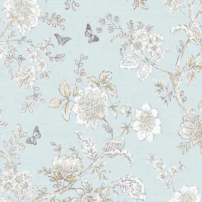 Butterfly Toile Wallpaper, Floral in Blue, Beige, French Blue, Light Blue