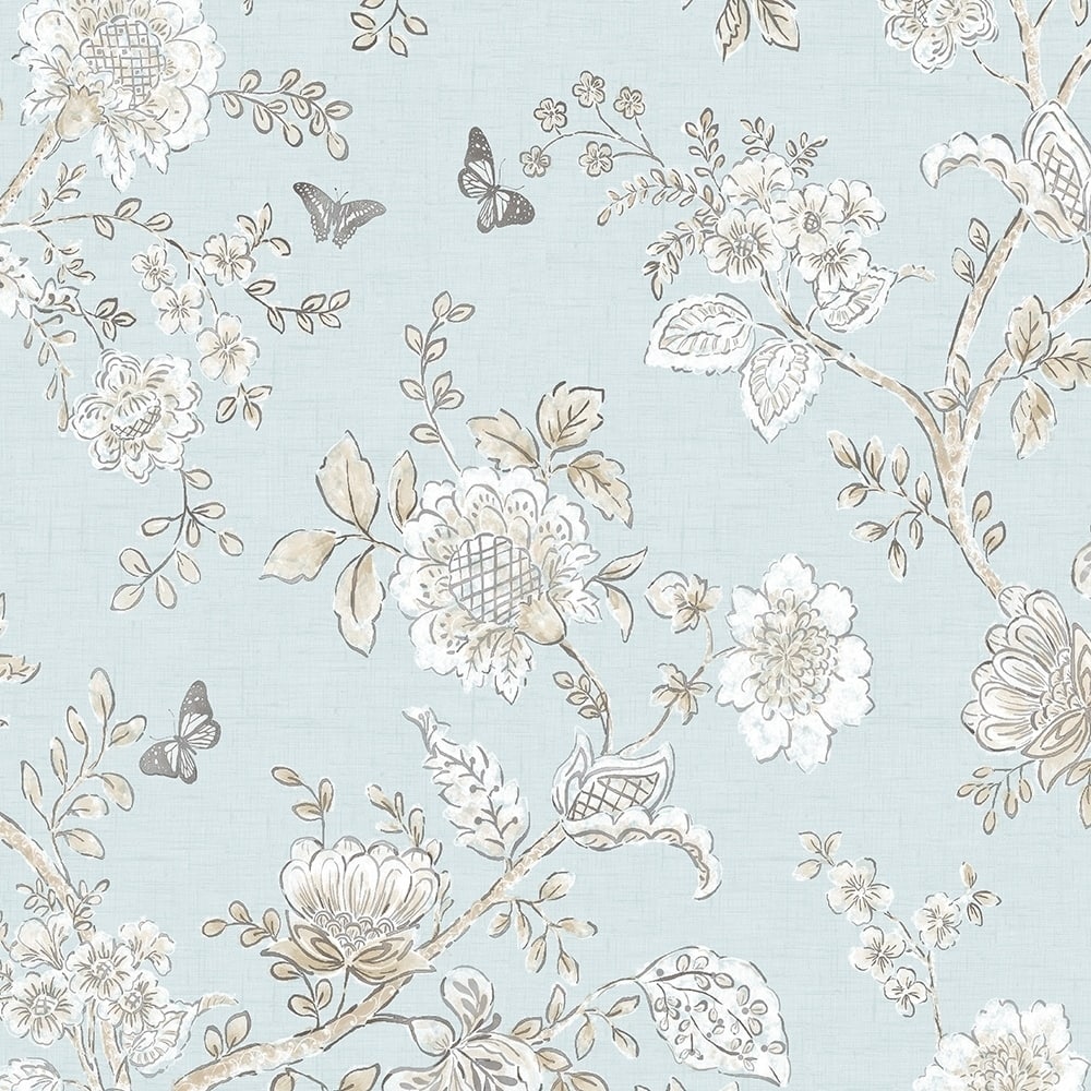 Butterfly Toile Butterfly Toile Wallpaper Floral in Blue Beige French Blue Light Blue