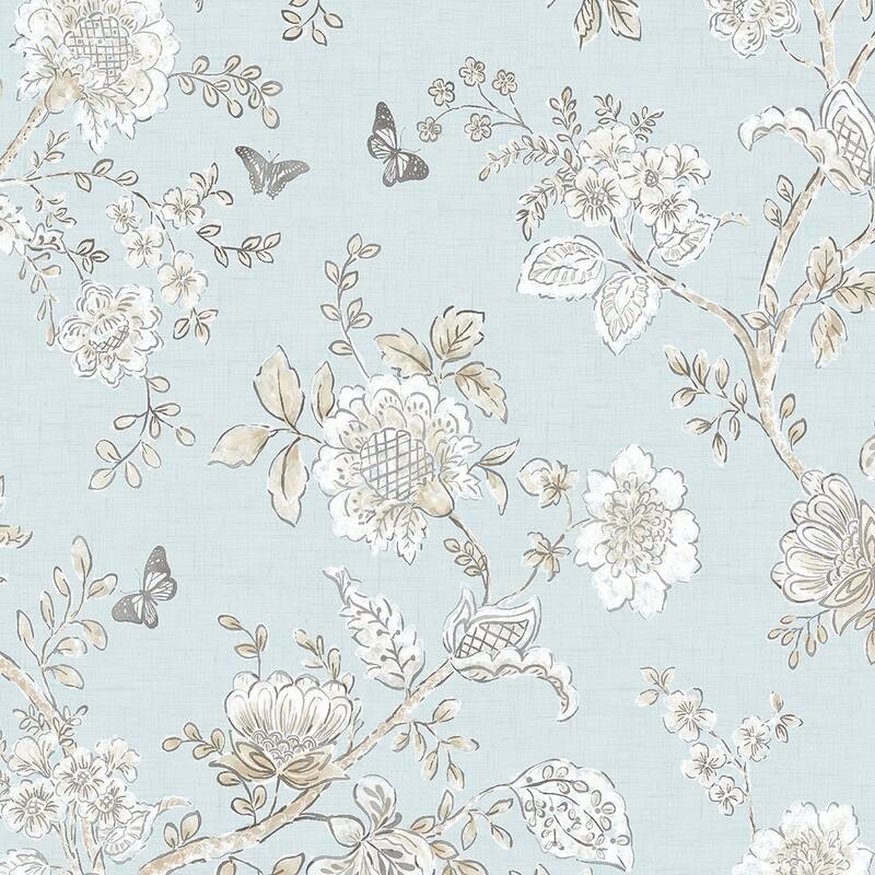 Butterfly Toile Butterfly Toile Wallpaper Floral in Blue Beige French Blue Light Blue