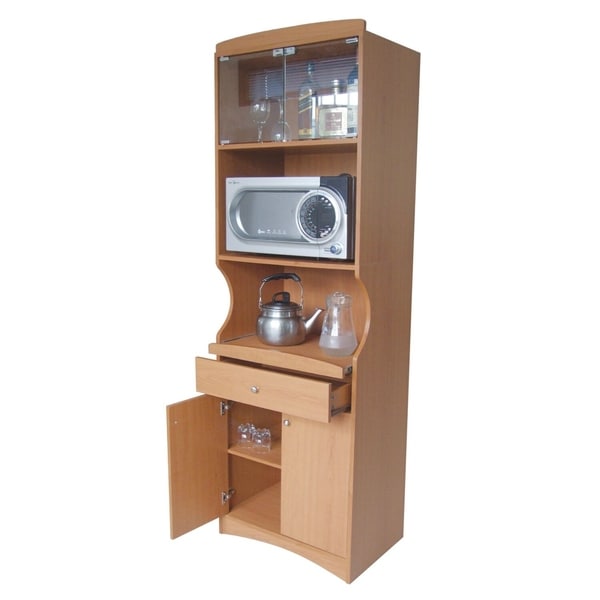 Storage Cabinet With 4 Shelves Home Organizer Glass Doors Wood Cherry Finish