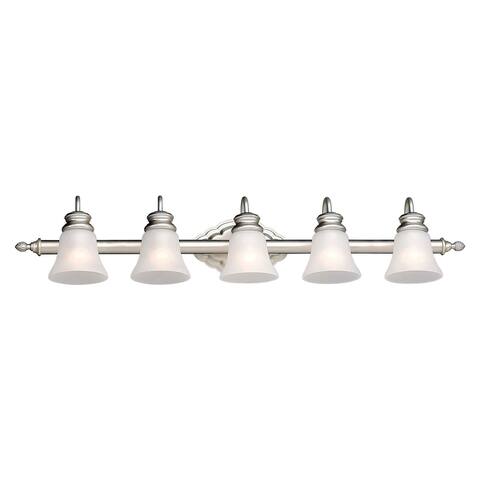 5-Light Brushed Nickel Vanity Light with Satin Etched Crackle Glass