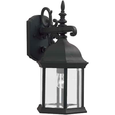 1-Light Black Outdoor Wall Lantern with Clear Beveled Glass Panels