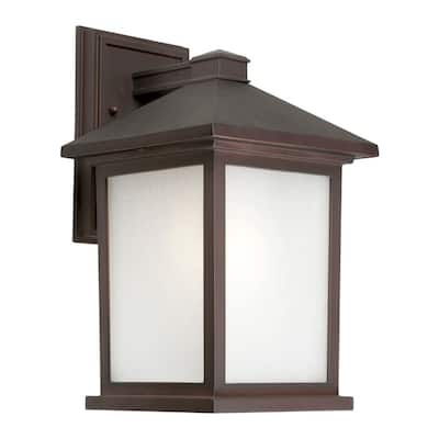 1-Light Antique Bronze Fluorescent Outdoor Lighting with Frosted Seeded Glass Panels