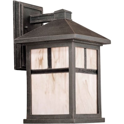 1-Light Painted Rust Outdoor Wall Lantern with Honey Glass Panels
