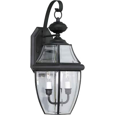 2-Light Black Outdoor Wall Lantern with Clear Beveled Glass Panels
