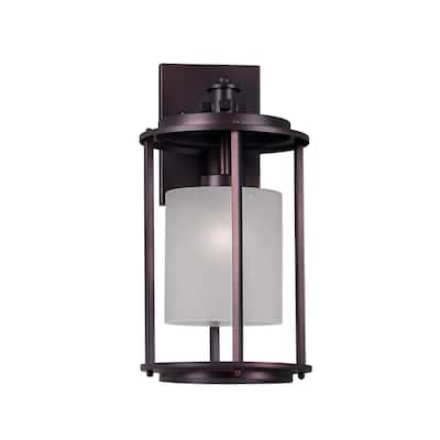 1-Light Antique Bronze Outdoor Wall Lantern with Frosted Seeded Glass