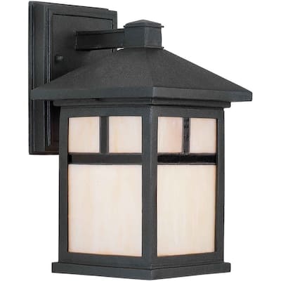 1-Light Black Outdoor Wall Lantern with Honey Glass Panels