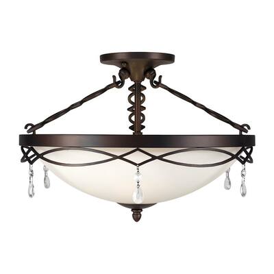 3-Light Antique Bronze Semi-Flush Mount with White Glass