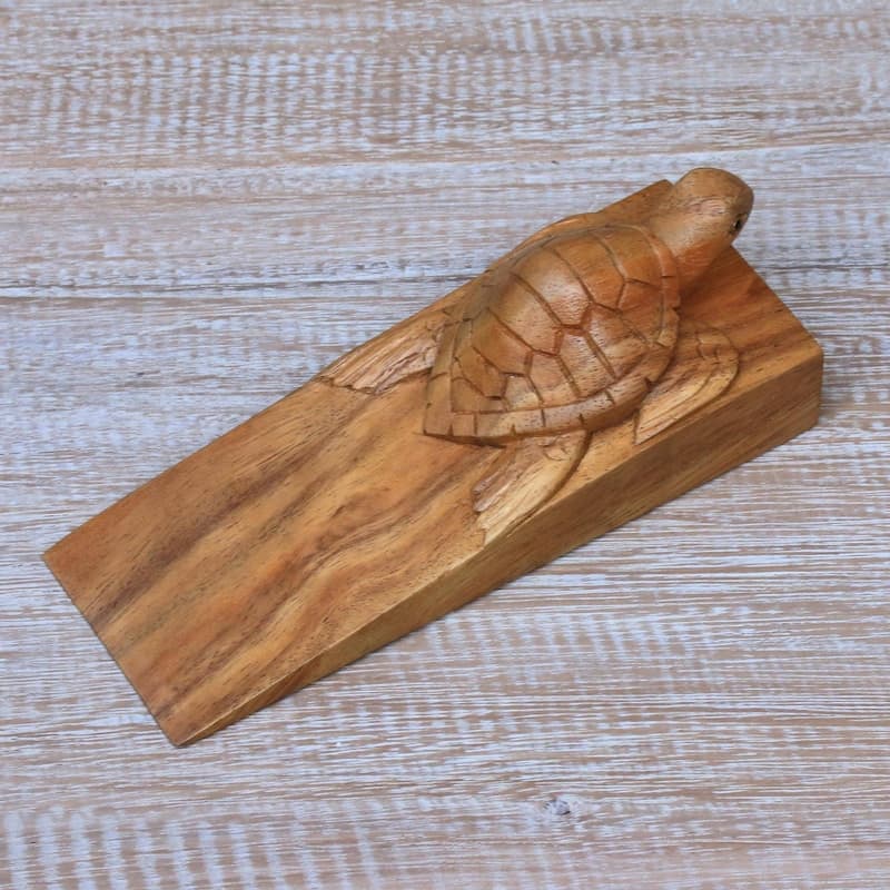 Handmade Baby Turtle Wood Door Stopper (Indonesia) - 2" H x 6.5" W x 2.4" D