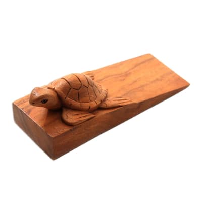 Handmade Baby Turtle Wood Door Stopper (Indonesia) - 2" H x 6.5" W x 2.4" D