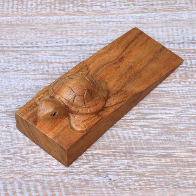 Handmade Baby Turtle Wood Door Stopper (Indonesia) - 2" H x 6.5" W x 2.4" D