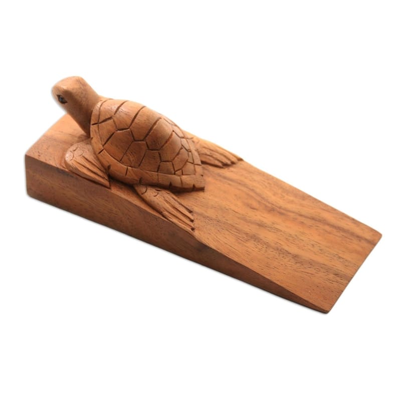 Handmade Baby Turtle Wood Door Stopper (Indonesia) - 2" H x 6.5" W x 2.4" D
