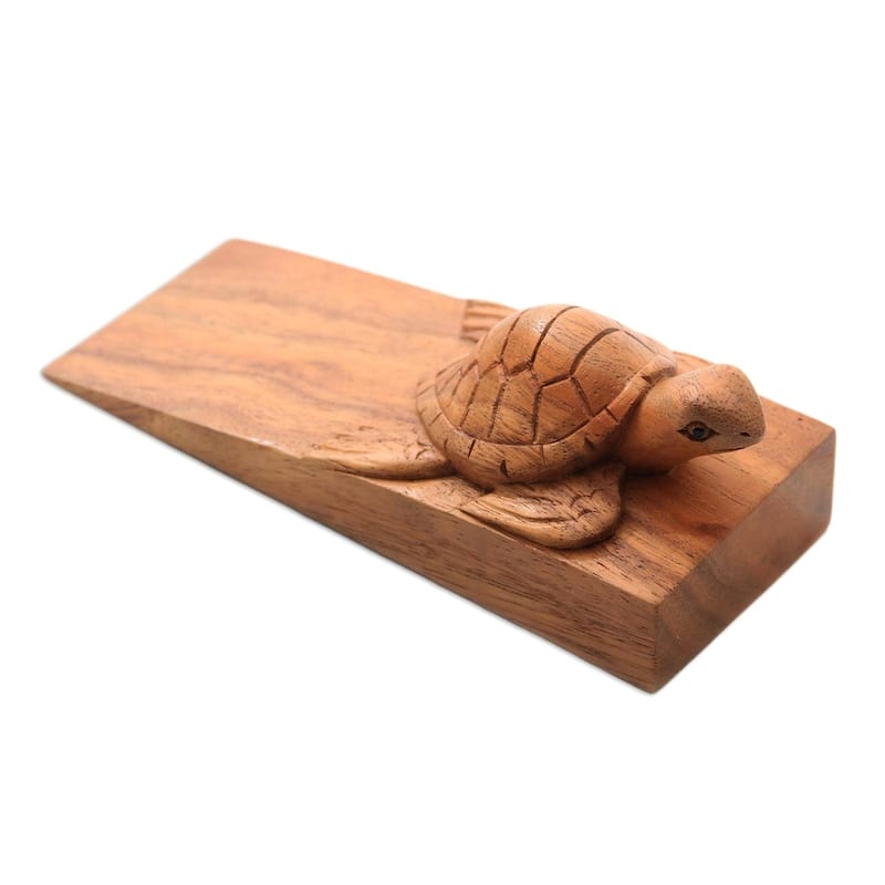 Handmade Baby Turtle Wood Door Stopper (Indonesia) - 2" H x 6.5" W x 2.4" D