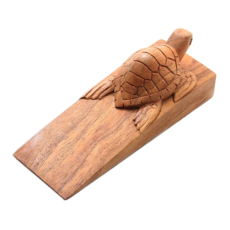 Handmade Baby Turtle Wood Door Stopper (Indonesia) - 2" H x 6.5" W x 2.4" D