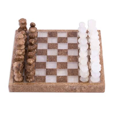 NOVICA Handmade Ivory Challenge Onyx and Marble Mini Chess Set (Mexico)