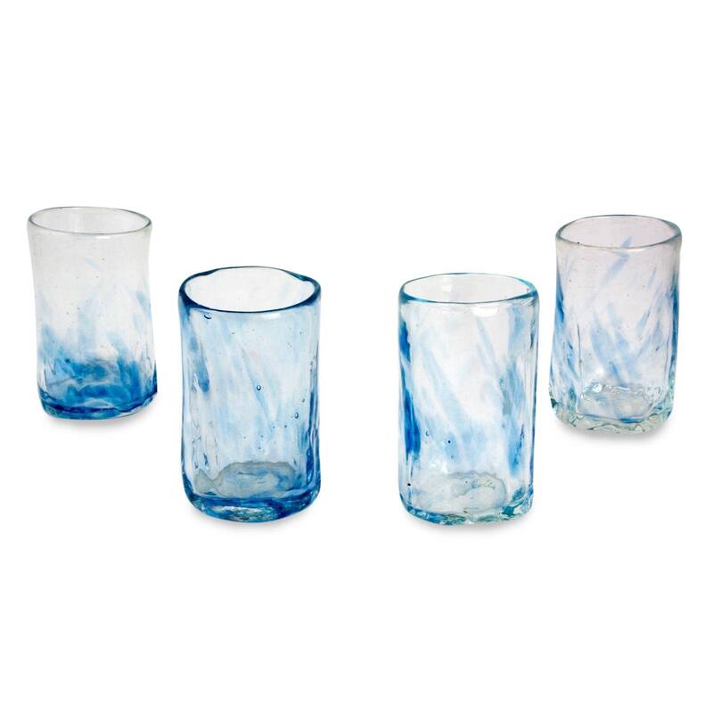 Handmade Azure Mist Blown Shot Glasses, Set of 4 (Mexico)