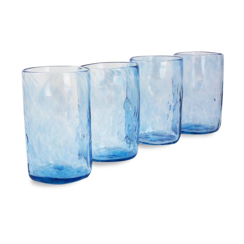 Handmade Azure Mist Blown Glass Tumblers, Set of 4 (Mexico)