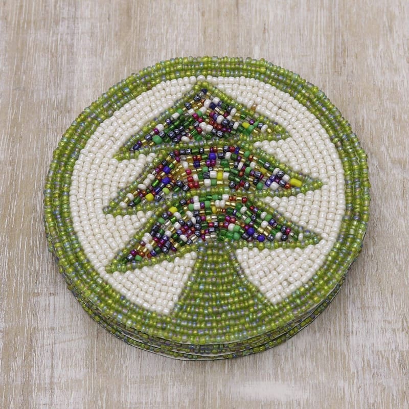 NOVICA Artisan Handblown Beaded Coasters Green White Tree Motif Multicolor Tableware 'Pine Boughs'(Set of 4)