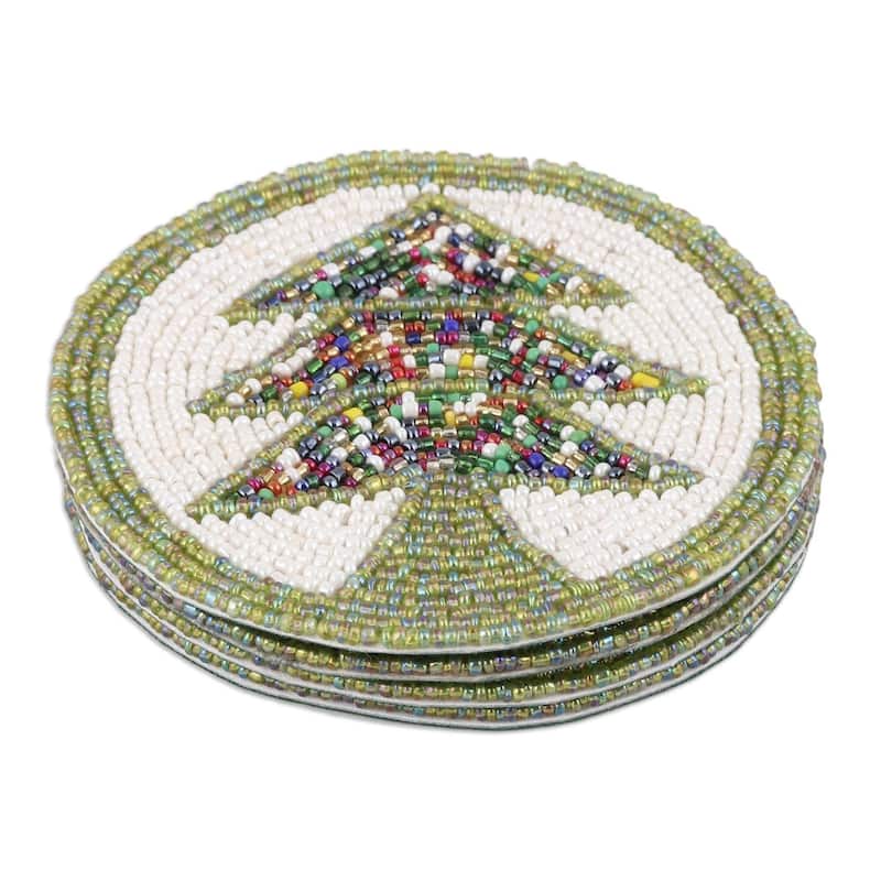 NOVICA Artisan Handblown Beaded Coasters Green White Tree Motif Multicolor Tableware 'Pine Boughs'(Set of 4)