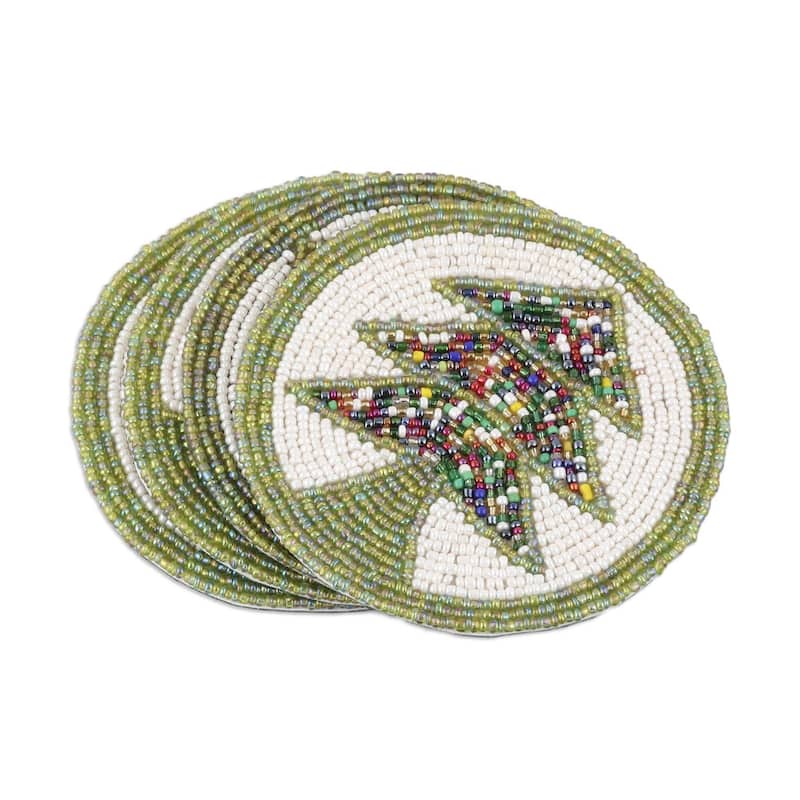 NOVICA Artisan Handblown Beaded Coasters Green White Tree Motif Multicolor Tableware 'Pine Boughs'(Set of 4)