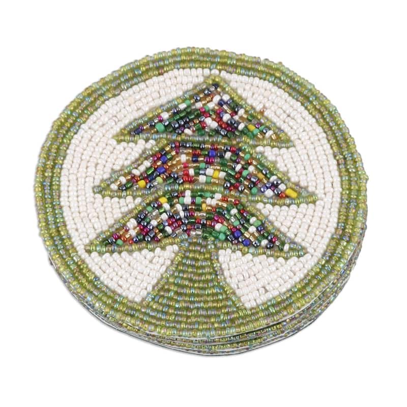 NOVICA Artisan Handblown Beaded Coasters Green White Tree Motif Multicolor Tableware 'Pine Boughs'(Set of 4)