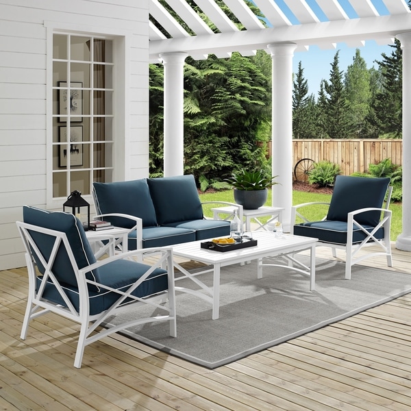 Davis 6-piece Outdoor Seating Set in White with Navy Cushions by