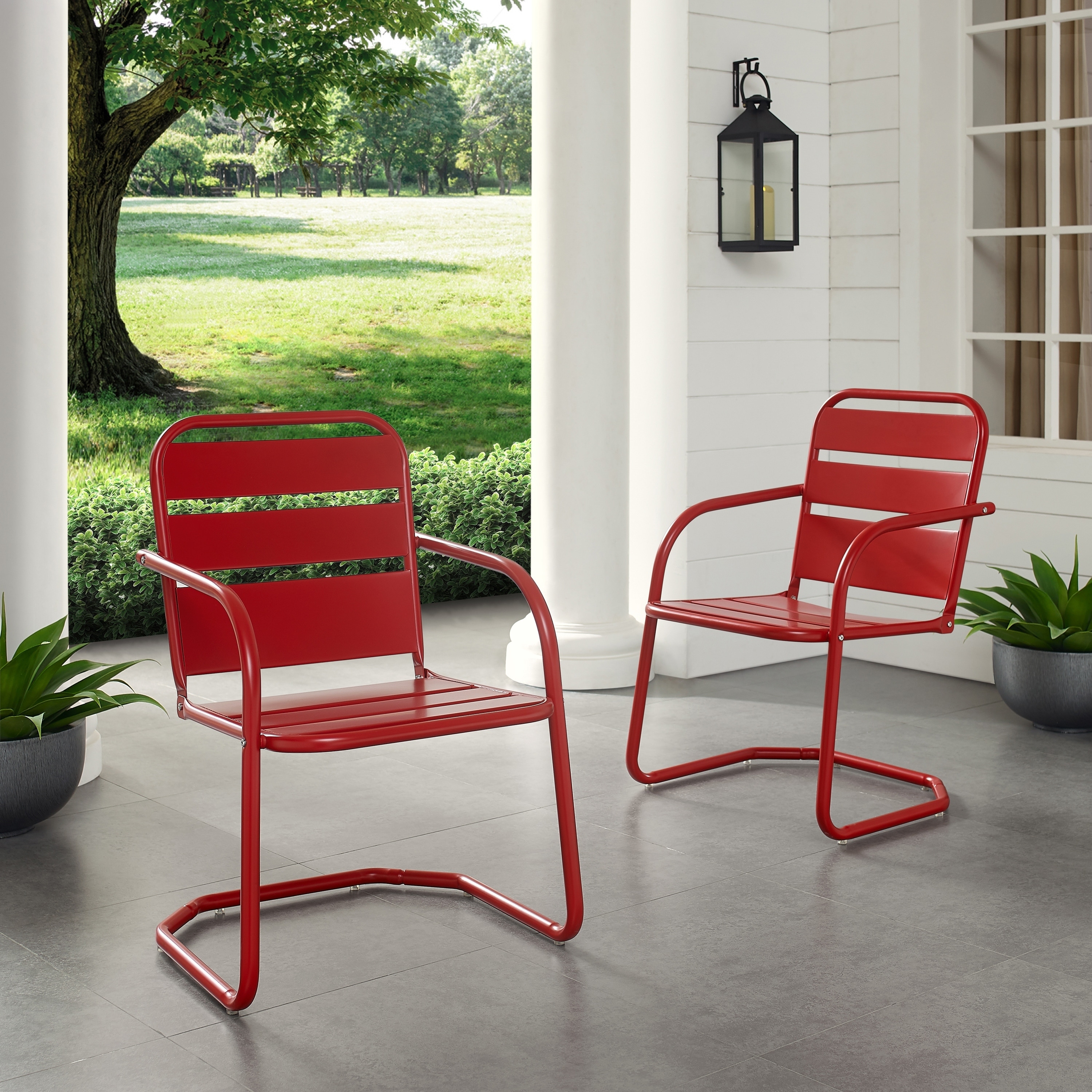 red metal chairs