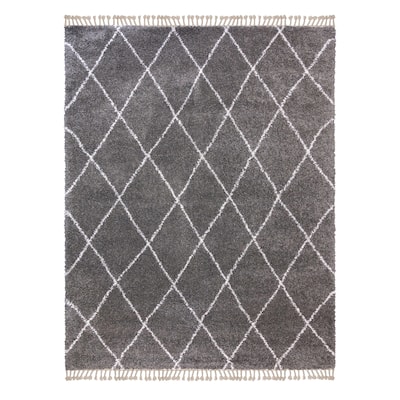 Gertmenian Limmet Plush Grey and Ivory Diamond Shag Area Rug with Fringe