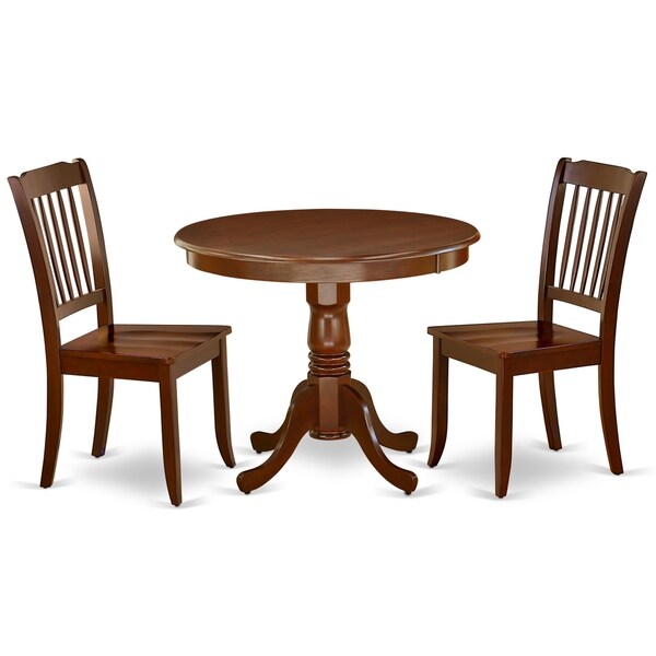 shop round 36 inch table and 2 vertical slatted chairs