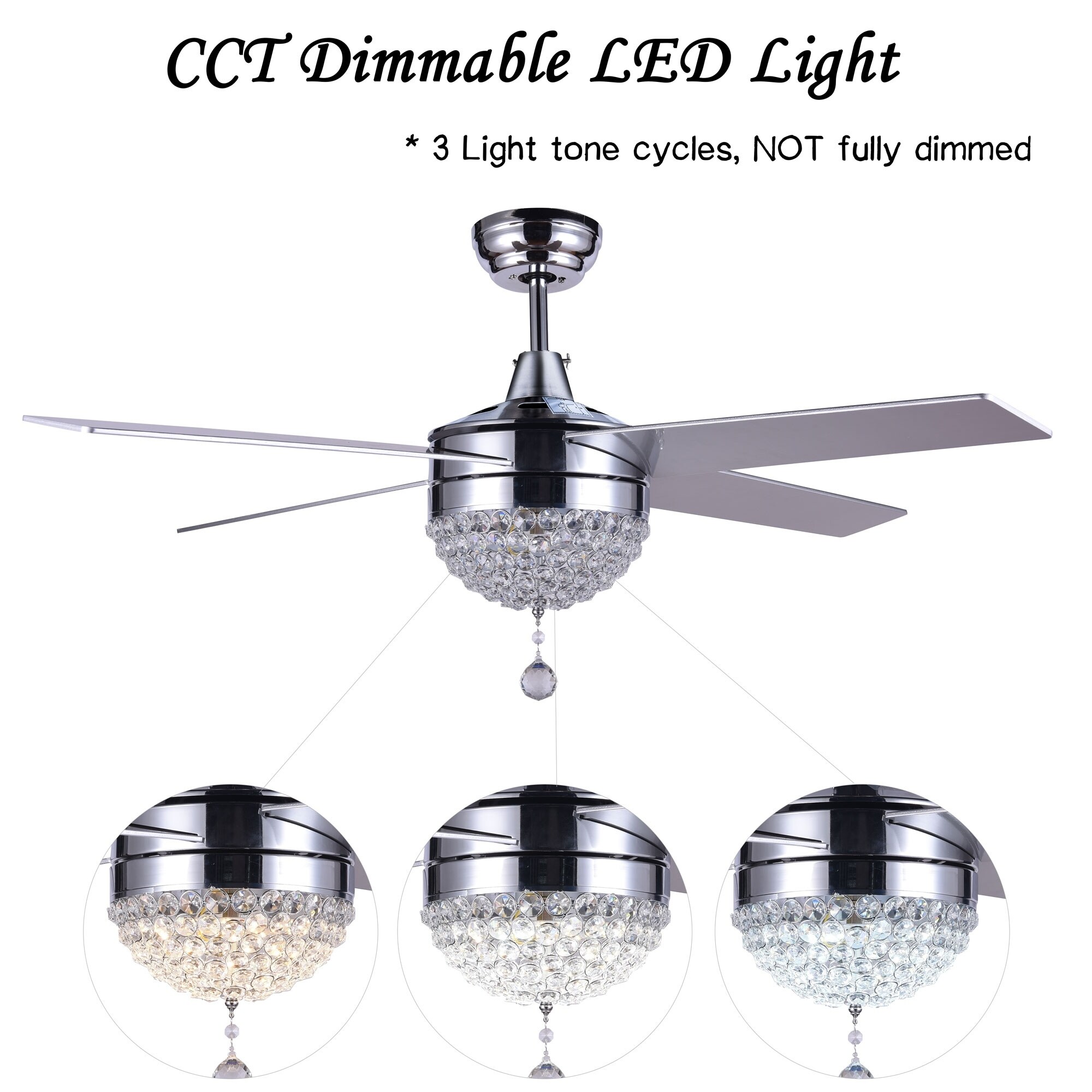 48 Dimmable Crystal Ceiling Fan With Led Light Remote Reversible 48