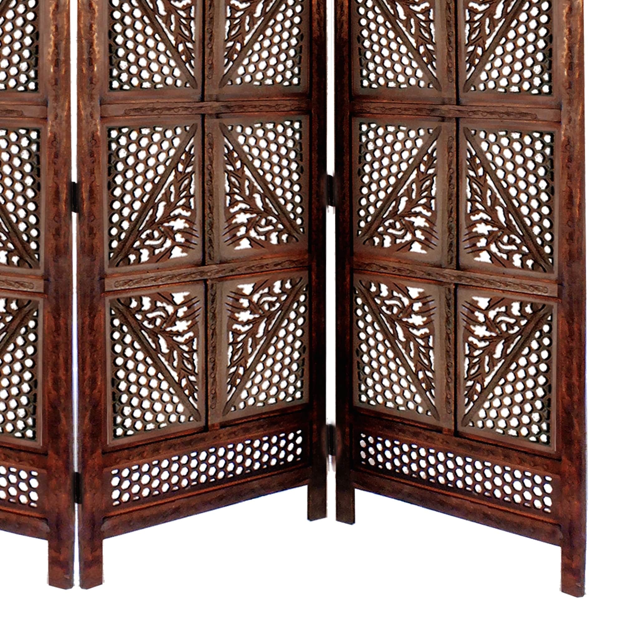 Traditional Four Panel Wooden Room Divider With Hand Carved Details Antique Brown Overstock 28487779
