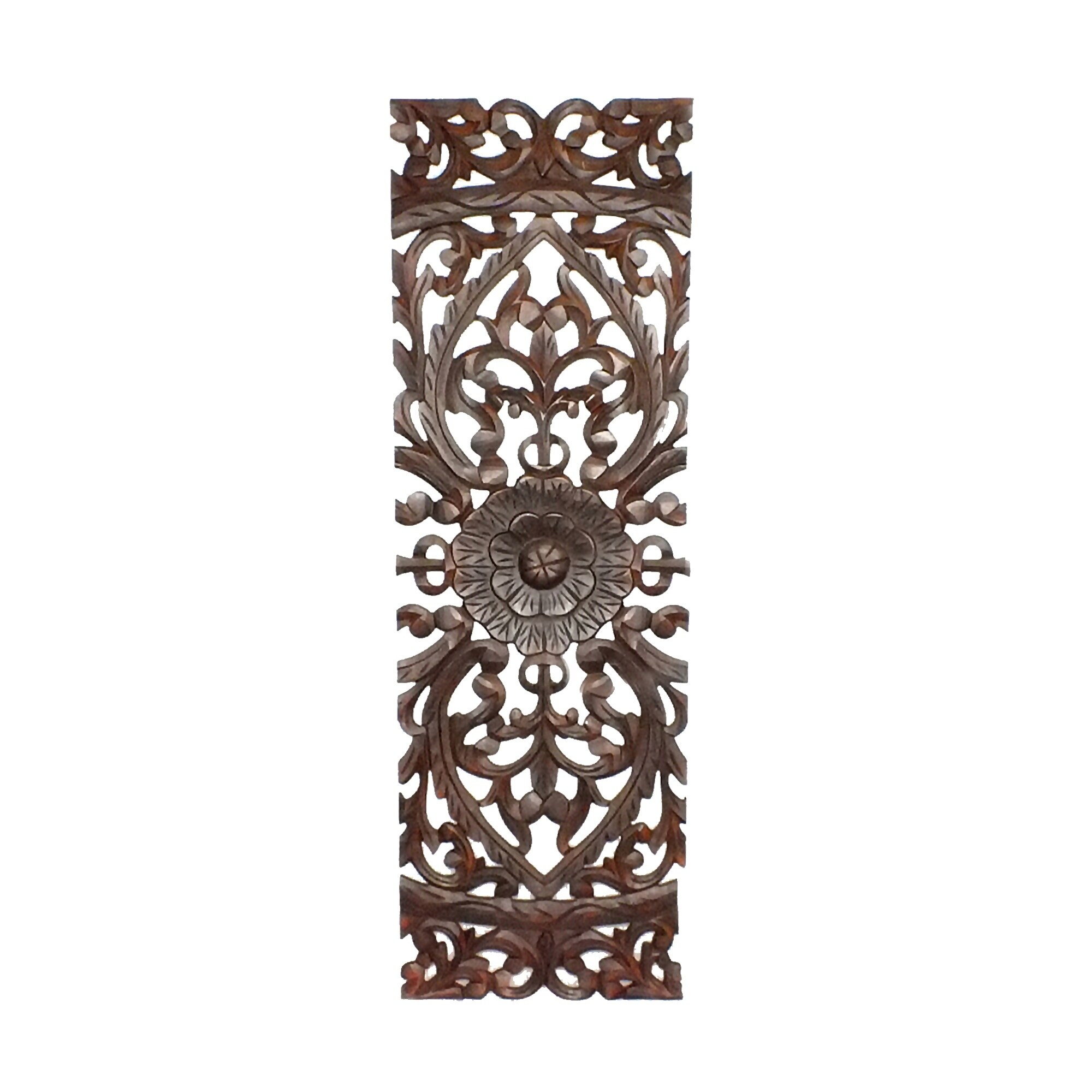 Three Piece Wooden Wall Panel Set with Traditional Scrollwork and Floral  Details, Brown