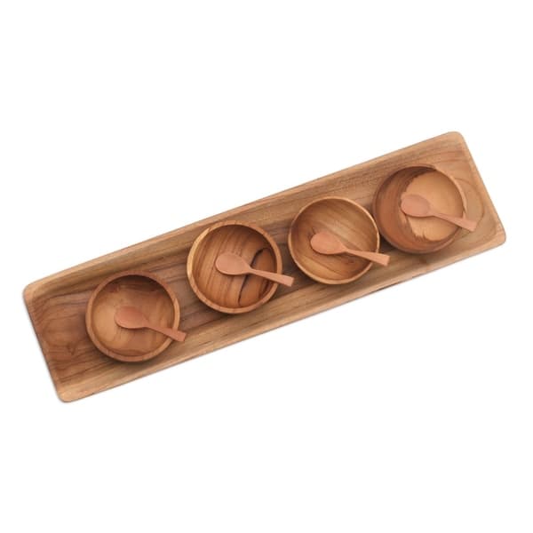 slide 2 of 3, Handmade Natural Island Flavors Teakwood Condiments 9-Piece Set (Indonesia)