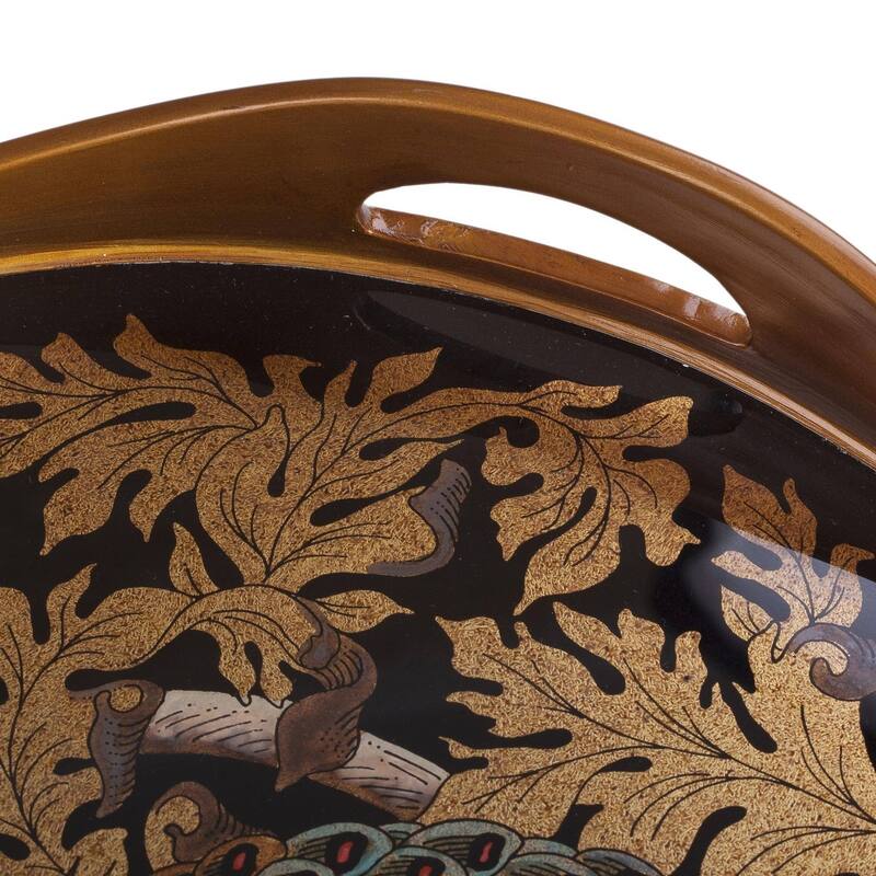 Mystic Peacock In Gold Reverse-Painted Glass Tray