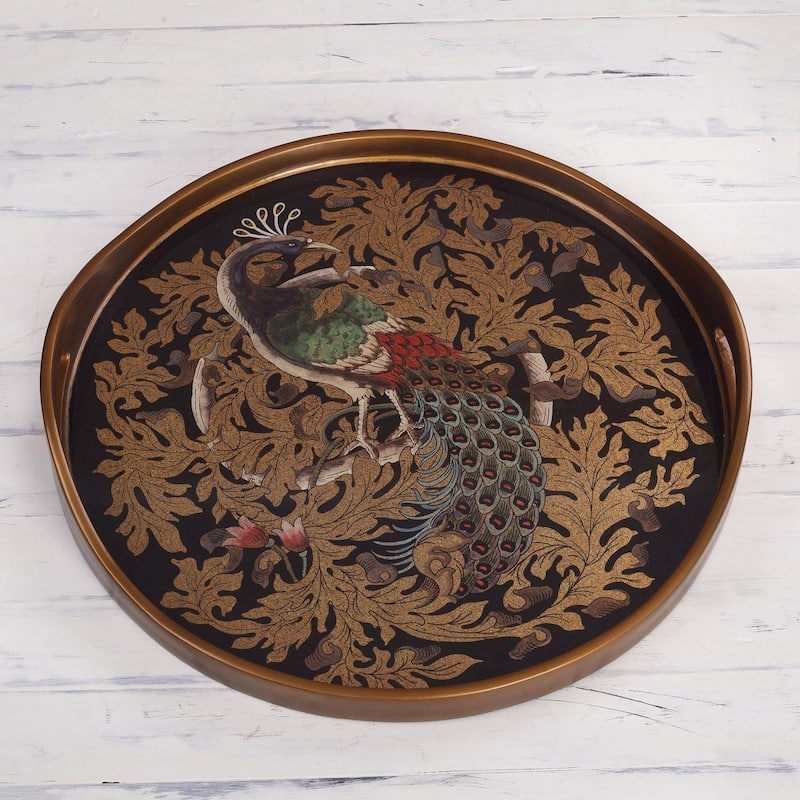 Mystic Peacock In Gold Reverse-Painted Glass Tray