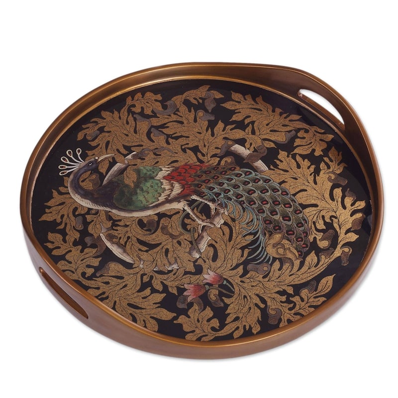 Mystic Peacock In Gold Reverse-Painted Glass Tray