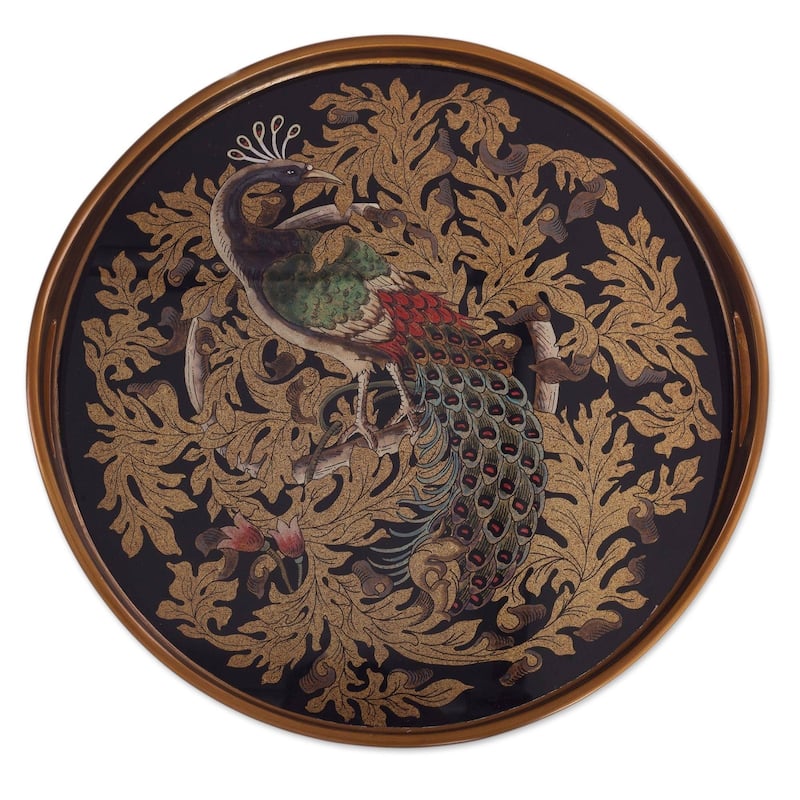 Mystic Peacock In Gold Reverse-Painted Glass Tray