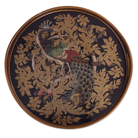 Mystic Peacock in Gold Reverse-Painted Glass Tray