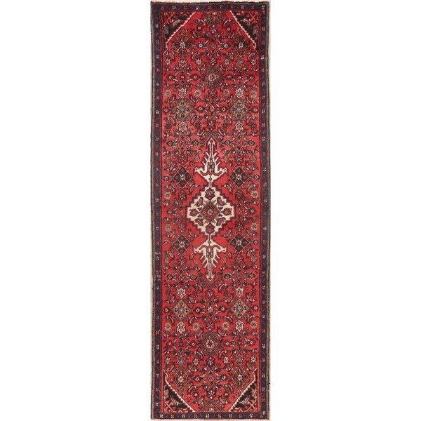 Vintage Geometric Red Hamedan Persian Runner Rug Handmade