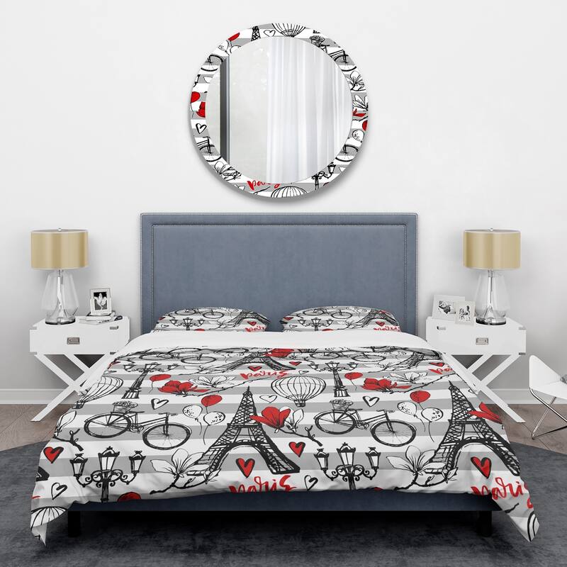 Designart 'Paris Eiffel Red Hearts II' Mid-Century Duvet Cover Set - Twin Cover + 1 sham (comforter not included)
