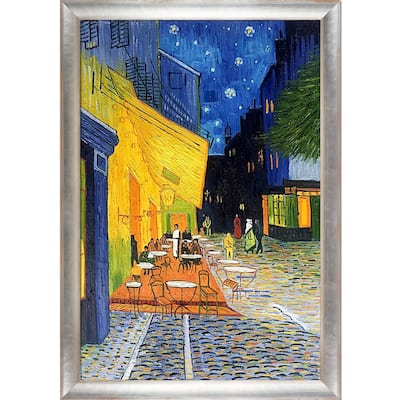 La Pastiche Cafe Terrace at Night by Vincent Van Gogh with Silver, Brown Spencer Rustic Frame Oil Painting Wall Art, 40" x 28"