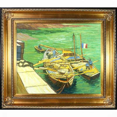 La Pastiche Boats du Rhone by Vincent Van Gogh with Gold and Black Regency Frame Oil Painting Wall Art, 32.5" x 28.5"